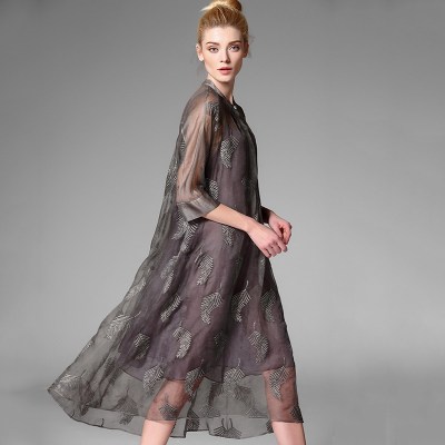 Elegant Long Vintage Embroidery Summer Silk Dress Women Fashion