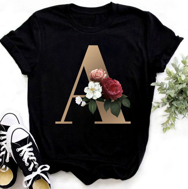 Custom Name Letter Combination Fashion Women T-shirt Flower Letter Font A B C D E F G Short Sleeve Tops Black T-shirt Clothing - Image 3