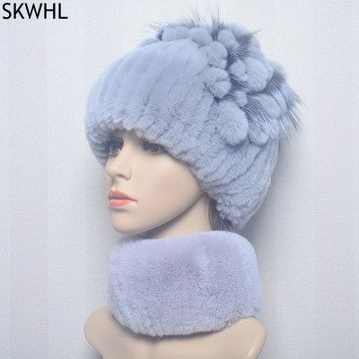 New Style Lady Knit Fur Hats Muffler 2 Pieces Women Warm Rex Rabbit Fur Hat Scarf Sets Winter Natural Rex Rabbit Fur Cap Scarves