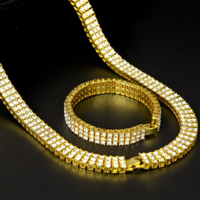 Men Hip Hop Rock Gold Silver Bling 3 Three Rows Rhinestone Pharaoh Jewelry Set Miami Cuban Chain 30" CZ Necklace Bracelet Set