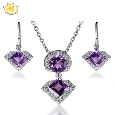 Natural Amethyst 1.6ct 925 Sterling Silver Luxurious Engagement Love Purple Gemstone Women Jewelry Set Earrings & Pendant Hutang