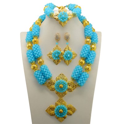 Lake Blue African Jewelry Set Nigerian Wedding African Beads Jewelry Set Crystal Gold-color Ball Jewelry Set Free Shipping