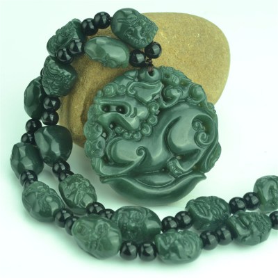 Natural Green Hetian Jades Pendant 3D Carved PIXIU + 18 Arhat Heads Beads Necklace Pendants Men's Amulet Nephrite Jades Jewelry