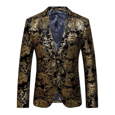 High-end Fashion Gold Blazer Men Floral Casual Slim Blazers New Fashion Party Business Men Suit Jacket Wedding Dress B1344