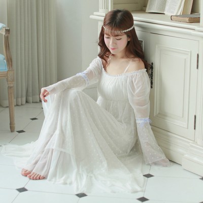Retro Royal Princess Nightdress Soft Lace Guaze Nightgowns Vintage Double Layer Sexy Elegant Lady Long Sleeping Dress