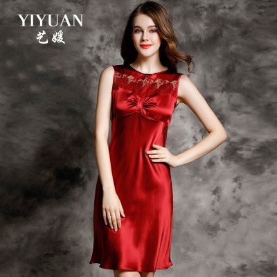 YIYUAN Brand Sexy Lace Women Silk Nightgowns Summer Nightdress Real Silk Sleepshirts Round Neck Sleeping Dress Lounge