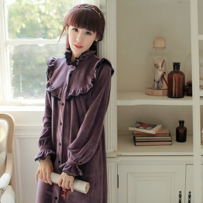 Retro Princess Bathrobe Autumn Winter Velvet Women Robes Noble Purple Long-Sleeved Nightgowns Ruffles Collar Sleeping Dress