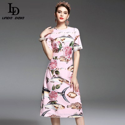 High Quality New  Spring Summer Designer Runway Dress Women elegant Mid Calf Length Floral Embroidery Printed Pink Dress