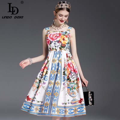 High Quality New Designer Runway Casual Summer Dress Women's Spaghetti Strap Button Gorgeous Floral Printed Dress