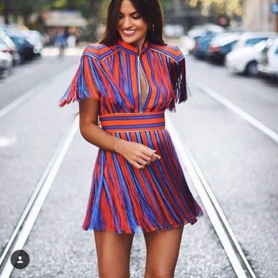 HIGH QUALITY Paris Fashion Star Style Runway Designer Dress Women's Luxurious Colorful Striped Tassel Dress
