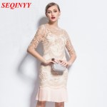 Slim Dress New European Fashion Summer Women's XXXL Vintage New Half Sleeve Above Knee Beige / Silver Pleated Lace Dress