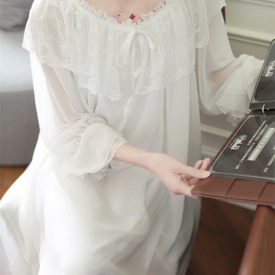 Lace Modal Nightgown Women Lace Long Nightdress Home dress Sweet Lady Dressing Gown Morning Dress Light Blue Sleepwear One Piece