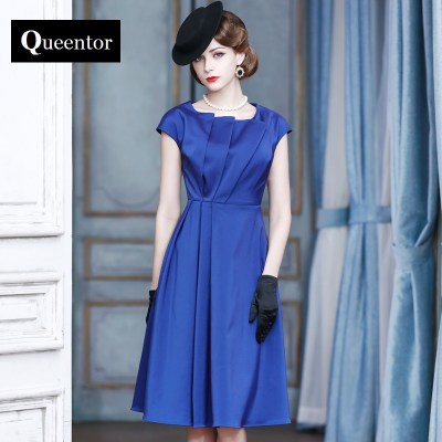 QUEENTOR 2020 brand vestidos de fiesta summer short sleeve high-end vintage blue midi party dresses women