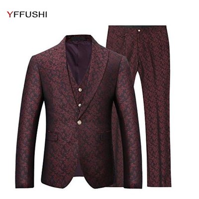 (Jacket+Vest+Pants)Men Suit One Button Leaf Pattern 3 Pieces Costume Homme Red Jacquard Tuxedo Men Wedding Dress Slim Fit