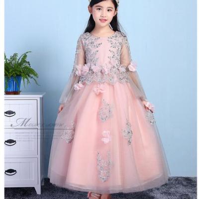 Girls Pageant Long Formal Dresses Long Sleeve Gauze Ball Gowns Flowers Girls Princess Tutu Dress Kids Party Wedding Dresses