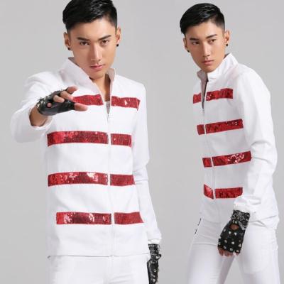 Stand collar men suits designs white stage costumes for singers men sequin blazer dance clothes jacket style dress punk rock