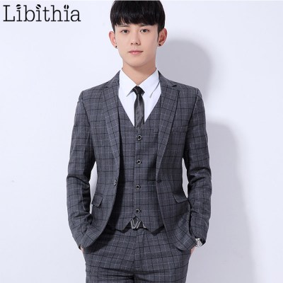 (Jakcet+Pant) Men's Wedding Dress Suit Plaid Skinny Suits One Button Male Clothes M-3XL Terno Masculino Dark blue/Dark grey K310