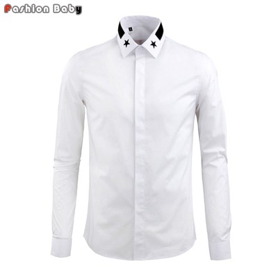 Men's Embroidery Stars Collar Cotton Party Dress Casual Shirt Fashion Long Sleeve Business Shirts White Black Army Green