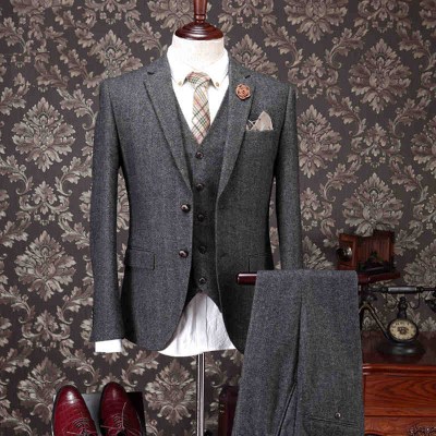 High Quality Man's Wool Suits Male 3 Piece Suit With Vest and Pants For Wedding Dress Men Grey Vintage Suits Plus Size S-5XL