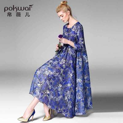 POKWAI Elegant Long Vintage Summer Silk Linen Party Dress Women New Arrival High Quality Fashion Long Sleeve Mayan Dresses