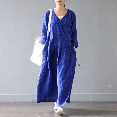 SCUWLINEN Vestidos Spring Autumn Dresses Solid Vintage V-neck Three Quarter Long Linen Dress Women Casual Sexy Robe S303