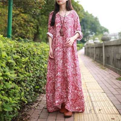 LZJN Mori Girl Long Sleeve Maxi Dress Slub Linen Casual Long Dresses V-Neck Loose Waist Robe Longue Floral Shirt Dress PX1299