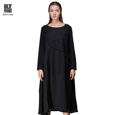 Outline Brand Casual Linen Dress Folk Style O-Neck Collar Vintage Women Linen Dress Short Sleeve Loose Woman Dress L151Y046