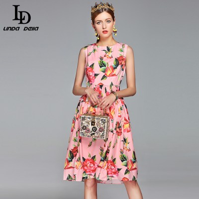 Newest Runway Designer Summer Dress Women's Sleeveless Crystal Button Pink Floral Flower Printed Knee Length Casual Dresses