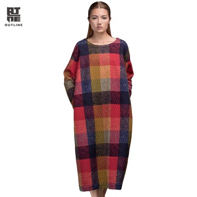 Outline Women Plaid Autumn Dress Vintage Cotton Loose Pullover Pockets Plus Size Print Full Sleeve O-neck Long Dresses L153Y008