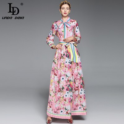 Maxi Dresses Long Sleeve Long Dress Women elegant Bow collar Pink Floral Printed Pleated Maxi Long Dress vestido longo
