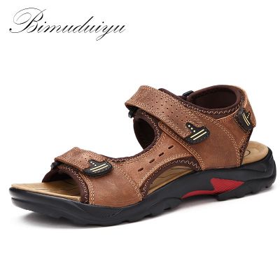 BIMUDUIYU Top Quality Mens Sandals Leisure  Genuine Leather Summer Cool Light Weight Beach Casual Shoes  Handmade Stitching