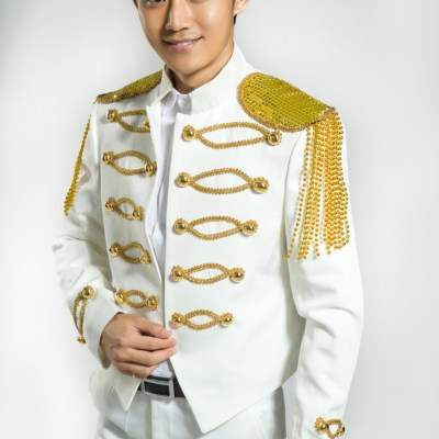 (Jacket + Pants) European Gold Embroidery Royal Court Prince White Mens Groom Luxury Wedding Dress Suits Customized Made
