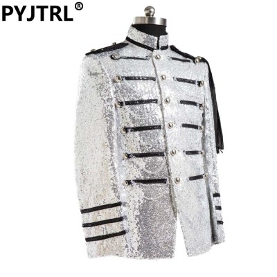 (Jacket + Pants) Mens Silver Sequined Royal Court Male Singers Dress Shiny Slim Fit Suits Custom Made Suit