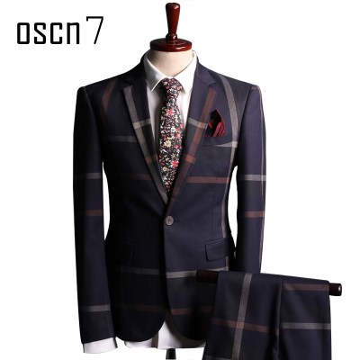 OSCN7 Navy Blue Slim Fit Plaid Suit Men Notch Lapel Business Formal Dress Suits For Men Fashion Terno Masculino Plus Size Suit