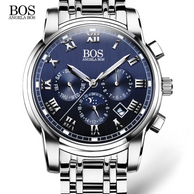 ANGELA BOS Business Stainless Steel Quartz Watch Men Date Week Month Waterproof Luminous Mens Watches Top Brand Luxury
