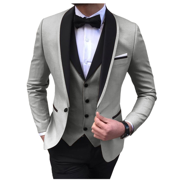 Blue Slit Mens Suits 3 Piece Black Shawl Lapel Casual Tuxedos for Wedding Groomsmen Suits Men (blazer+vest+pants) - Image 3