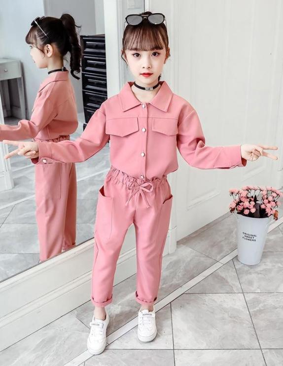 Children's Suits Spring Autumn Wear Girls Long Sleeved Tops + Trousers Kids 2 Suits Sport Sets Solid Color 7 8 9 10 11 12 Years