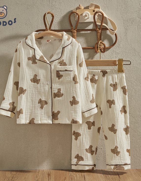 EWODOS 1-6 Years Toddler Baby Kids Unisex Casual Pajama Suit Cartoon Bear Print Long Sleeve Front Pocket Lapel Tops+ Long Pants