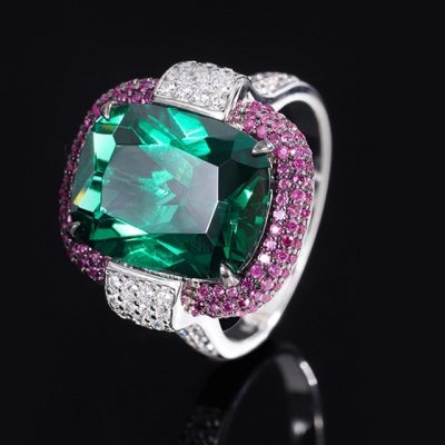 KQDANCE 925 Sterling Silver Cushion Cut 14Ct High Carbon Diamond Lab Ruby Emerald Rings with Large Green Red Stone Women Jewelry