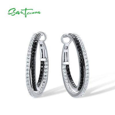 SANTUZZA Pure 925 Sterling Silver Loop Earrings For Women Sparkling Black Spinel White Cubic Zirconia Simple Fine Shiny Jewelry