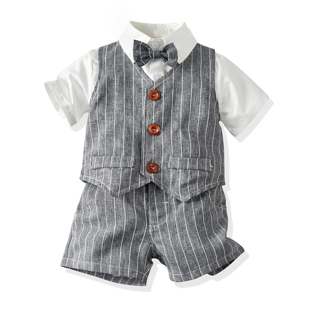 Top and Top Spring&Autumn Baby Boy Gentleman Suit White Shirt with Bow Tie+Striped Vest+Trousers 3Pcs Formal Kids Clothes Set - Image 2