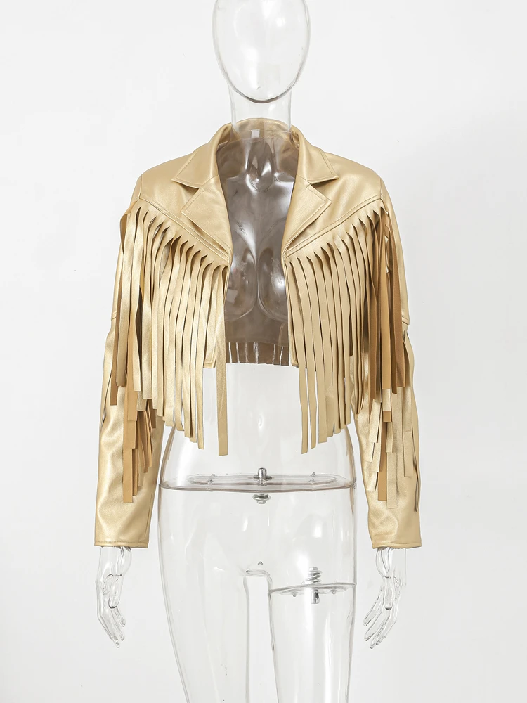 PU Leather Tassel Women's Jacket 2023 Autumn Turn Down Collar Spliced Casual Jackets Female Fashion Streetwear Short Coats - Image 5