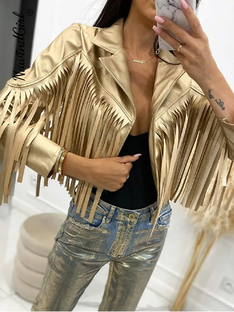 PU Leather Tassel Women's Jacket 2023 Autumn Turn Down Collar Spliced Casual Jackets Female Fashion Streetwear Short Coats