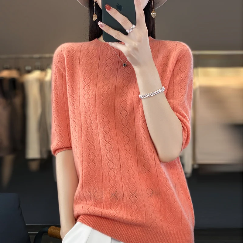 Spring and autumn new women's sweater cashmere knitted 100% pure merino wool solid color O-neck short sleeve T-shirt. - Image 2