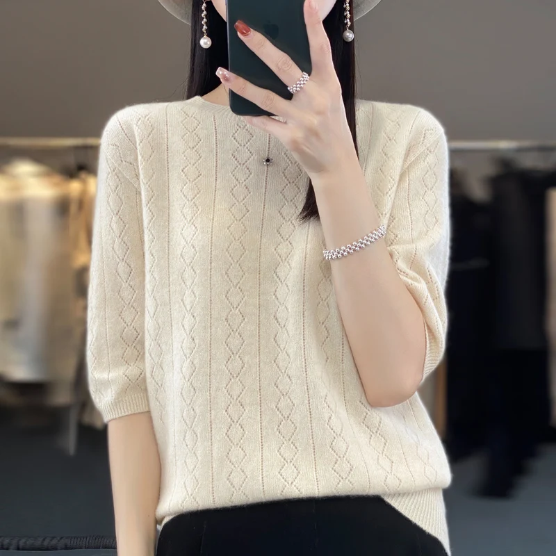 Spring and autumn new women's sweater cashmere knitted 100% pure merino wool solid color O-neck short sleeve T-shirt. - Image 6