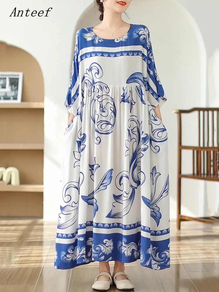 long sleeve oversized cotton satin vintage floral new in dresses for women casual loose long summer dress elegant clothing 2024