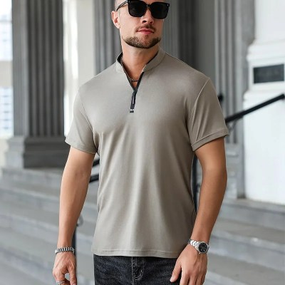 2025 New Men's Casual Fashion Zipper Solid Color Short Sleeved Polo Shirt Stand Up Collar Versatile Comfortable Top