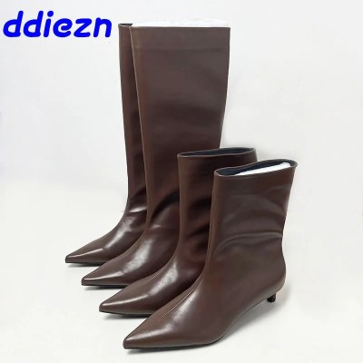 Brown Footwear Female Slip On Shoes Knee High Boots For Ladies Fashion Pointed Toe Women Ankle Western Boots With Low Heel Shoes