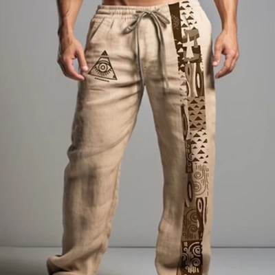 Men's Khaki Linen Drawstring Pants with Mystical Eye & Tribal - Inspired Pattern Trousers 6XL