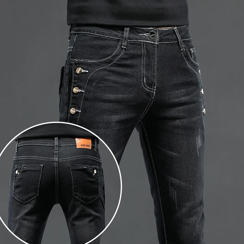 New Men Slim Korean Button Jeans Black Skinny Solid Color Stretch Multi-button Youth Male Denim Pants Streetwear